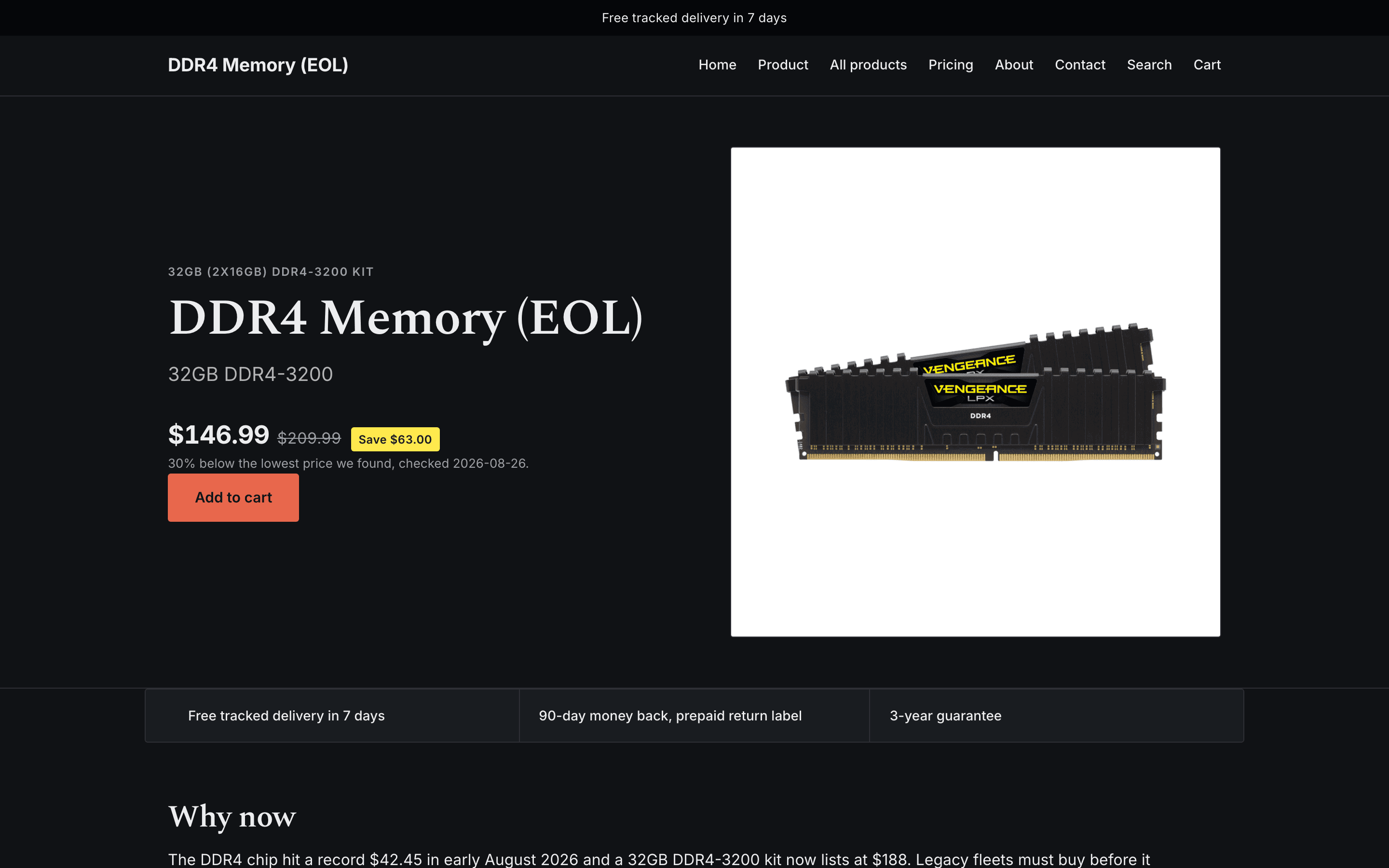 One-product store example: a FlowFinds-generated store selling a DDR4 memory kit, dark theme, desktop view.