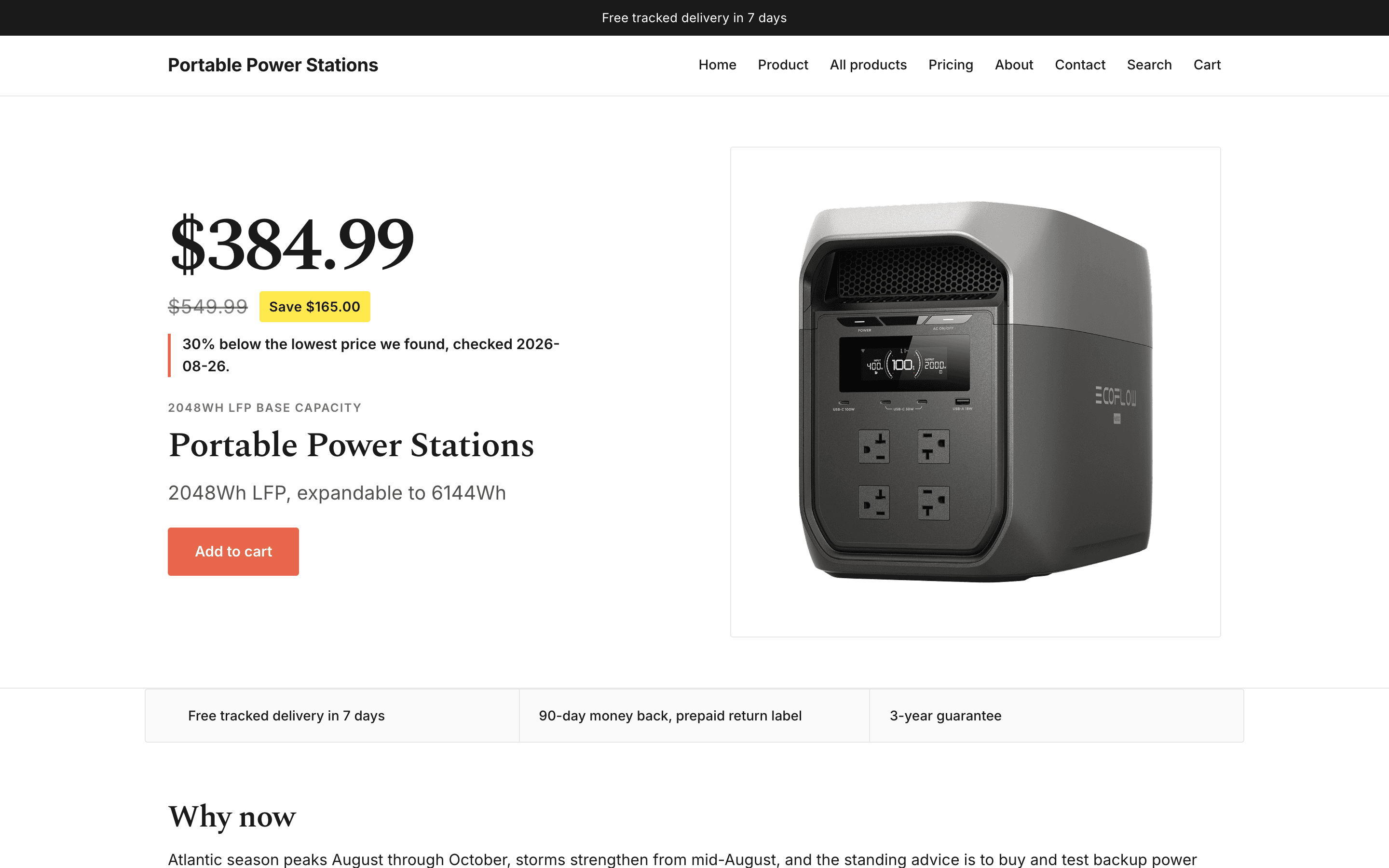 One-product store example: a FlowFinds-generated store selling a portable power station, light theme, desktop view.